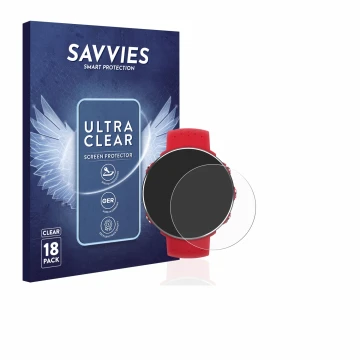 Vorderseite einer Produktverpackung mit dem Markenlogo Savvies. Daneben ist das Gerät Polar Vantage M mit dem zugehörigen Disp