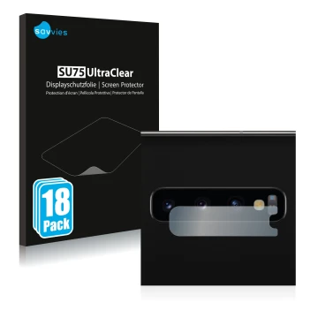 Vorderseite einer Produktverpackung mit dem Markenlogo Savvies. Daneben ist das Gerät Samsung Galaxy S10 (NUR Kameraschutz) mi