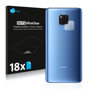 Vorderseite einer Produktverpackung mit dem Markenlogo Savvies. Daneben ist das Gerät Huawei Mate 20 X (NUR Kameraschutz) mit 