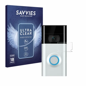 Vorderseite einer Produktverpackung mit dem Markenlogo Savvies. Daneben ist das Gerät Ring Doorbell 2 (Linse) mit dem zugehöri