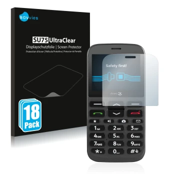 Vorderseite einer Produktverpackung mit dem Markenlogo Savvies. Daneben ist das Gerät Doro 1370 mit dem zugehörigen Displaysch