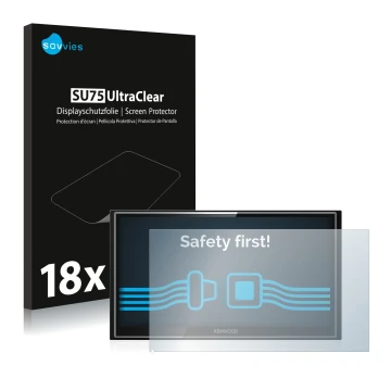 Vorderseite einer Produktverpackung mit dem Markenlogo Savvies. Daneben ist das Gerät Kenwood DMX7018DABS mit dem zugehörigen 