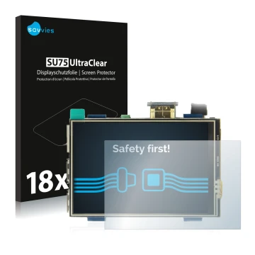 Vorderseite einer Produktverpackung mit dem Markenlogo Savvies. Daneben ist das Gerät Raspberry Pi Touchscreen (3.5