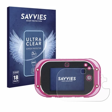 Vorderseite einer Produktverpackung mit dem Markenlogo Savvies. Daneben ist das Gerät Vtech Kidizoom Touch 5.0 2018 mit dem zu