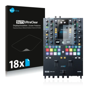 Vorderseite einer Produktverpackung mit dem Markenlogo Savvies. Daneben ist das Gerät Rane Seventy-Two mit dem zugehörigen Dis