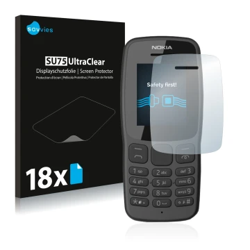 Vorderseite einer Produktverpackung mit dem Markenlogo Savvies. Daneben ist das Gerät Nokia 106 2018 mit dem zugehörigen Displ