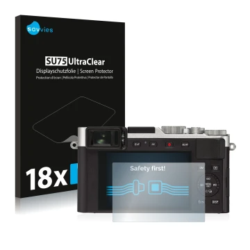 Vorderseite einer Produktverpackung mit dem Markenlogo Savvies. Daneben ist das Gerät Leica D-Lux 7 mit dem zugehörigen Displa