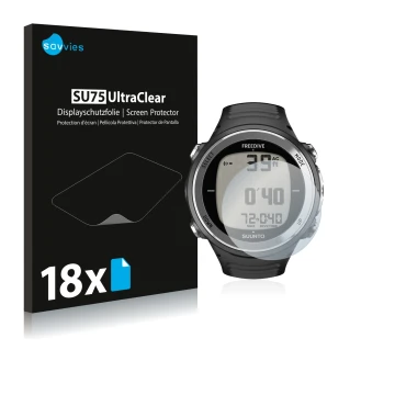 Vorderseite einer Produktverpackung mit dem Markenlogo Savvies. Daneben ist das Gerät Suunto D4F mit dem zugehörigen Displaysc