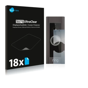 Vorderseite einer Produktverpackung mit dem Markenlogo Savvies. Daneben ist das Gerät Ring Video Doorbell Pro mit dem zugehöri