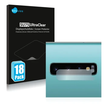 Vorderseite einer Produktverpackung mit dem Markenlogo Savvies. Daneben ist das Gerät Samsung Galaxy S10 Plus (NUR Kameraschut