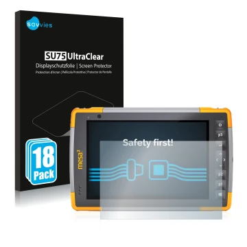Vorderseite einer Produktverpackung mit dem Markenlogo Savvies. Daneben ist das Gerät Juniper Systems Mesa 2 Rugged Tablet mit