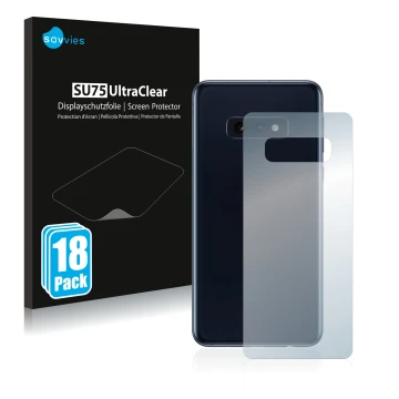 Vorderseite einer Produktverpackung mit dem Markenlogo Savvies. Daneben ist das Gerät Samsung Galaxy S10e (Rückseite) mit dem 