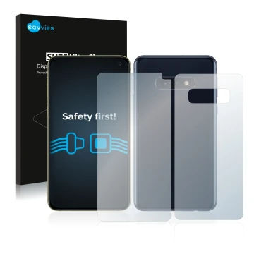 Vorderseite einer Produktverpackung mit dem Markenlogo Savvies. Daneben ist das Gerät Samsung Galaxy S10e (Display+Rückseite) 