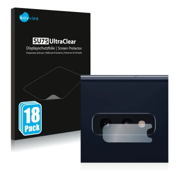 Vorderseite einer Produktverpackung mit dem Markenlogo Savvies. Daneben ist das Gerät Samsung Galaxy S10e (NUR Kameraschutz) m