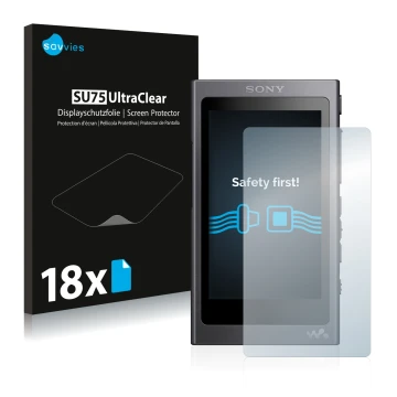 Vorderseite einer Produktverpackung mit dem Markenlogo Savvies. Daneben ist das Gerät Sony Walkman A40 mit dem zugehörigen Dis