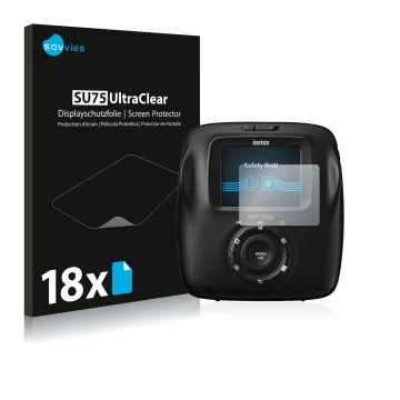 Vorderseite einer Produktverpackung mit dem Markenlogo Savvies. Daneben ist das Gerät Fujifilm Instax Square SQ20 mit dem zuge