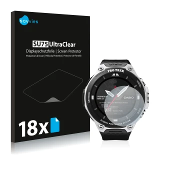 Vorderseite einer Produktverpackung mit dem Markenlogo Savvies. Daneben ist das Gerät Casio Pro Trek Smart WSD-F20 mit dem zug
