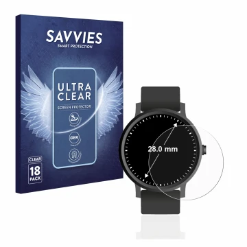 Vorderseite einer Produktverpackung mit dem Markenlogo Savvies. Daneben ist das Gerät Kreisrunde Displays (ø: 28 mm) mit dem z
