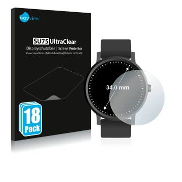 Vorderseite einer Produktverpackung mit dem Markenlogo Savvies. Daneben ist das Gerät Kreisrunde Displays (ø: 34 mm) mit dem z