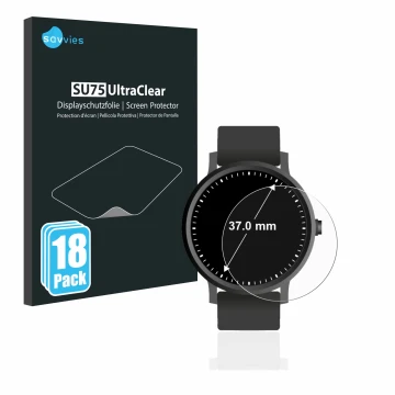 Vorderseite einer Produktverpackung mit dem Markenlogo Savvies. Daneben ist das Gerät Kreisrunde Displays (ø: 37 mm) mit dem z