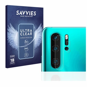 Vorderseite einer Produktverpackung mit dem Markenlogo Savvies. Daneben ist das Gerät Huawei P30 Pro (NUR Kameraschutz) mit de