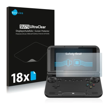 Vorderseite einer Produktverpackung mit dem Markenlogo Savvies. Daneben ist das Gerät GPD XD Plus 7.0 mit dem zugehörigen Disp