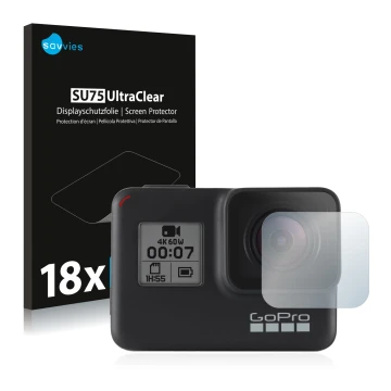 Vorderseite einer Produktverpackung mit dem Markenlogo Savvies. Daneben ist das Gerät GoPro Hero 7 Black (Linse) mit dem zugeh