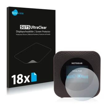 Vorderseite einer Produktverpackung mit dem Markenlogo Savvies. Daneben ist das Gerät Netgear Nighthawk M1 mit dem zugehörigen
