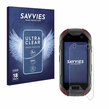 Vorderseite einer Produktverpackung mit dem Markenlogo Savvies. Daneben ist das Gerät Unihertz Atom mit dem zugehörigen Displa