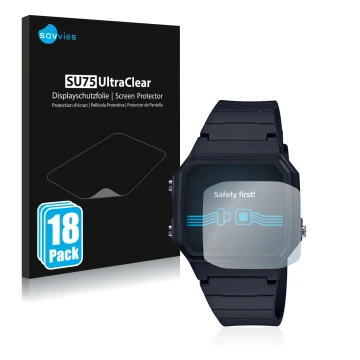 Vorderseite einer Produktverpackung mit dem Markenlogo Savvies. Daneben ist das Gerät Casio Unisex A168WA-1YES mit dem zugehör