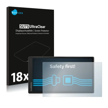 Vorderseite einer Produktverpackung mit dem Markenlogo Savvies. Daneben ist das Gerät Garmin DriveSmart 55 mit dem zugehörigen