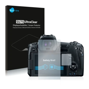 Vorderseite einer Produktverpackung mit dem Markenlogo Savvies. Daneben ist das Gerät Canon EOS R mit dem zugehörigen Displays