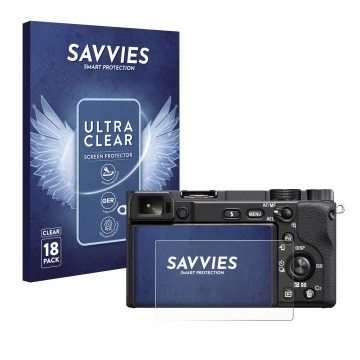 Vorderseite einer Produktverpackung mit dem Markenlogo Savvies. Daneben ist das Gerät Sony Alpha 6400 mit dem zugehörigen Disp