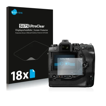 Vorderseite einer Produktverpackung mit dem Markenlogo Savvies. Daneben ist das Gerät Olympus OM-D E-M1X mit dem zugehörigen D