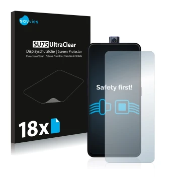 Vorderseite einer Produktverpackung mit dem Markenlogo Savvies. Daneben ist das Gerät Oppo F11 Pro mit dem zugehörigen Display