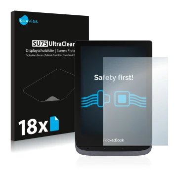 Vorderseite einer Produktverpackung mit dem Markenlogo Savvies. Daneben ist das Gerät PocketBook Touch HD 3 mit dem zugehörige