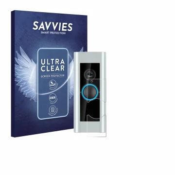 Vorderseite einer Produktverpackung mit dem Markenlogo Savvies. Daneben ist das Gerät Ring Video Doorbell Pro (Version 2) mit 