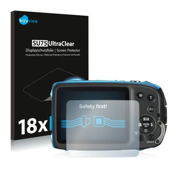 Vorderseite einer Produktverpackung mit dem Markenlogo Savvies. Daneben ist das Gerät Fujifilm FinePix XP140 mit dem zugehörig