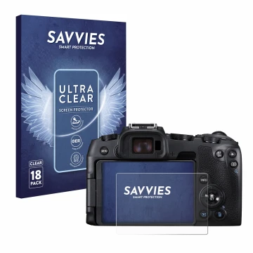 Vorderseite einer Produktverpackung mit dem Markenlogo Savvies. Daneben ist das Gerät Canon EOS RP mit dem zugehörigen Display