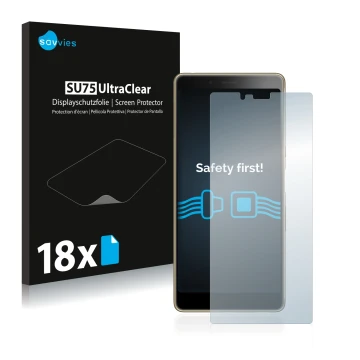 Vorderseite einer Produktverpackung mit dem Markenlogo Savvies. Daneben ist das Gerät Sony Xperia L3 mit dem zugehörigen Displ