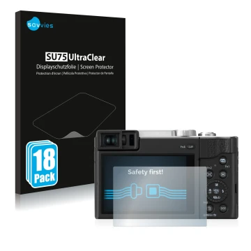 Vorderseite einer Produktverpackung mit dem Markenlogo Savvies. Daneben ist das Gerät Panasonic Lumix DC-TZ96 mit dem zugehöri