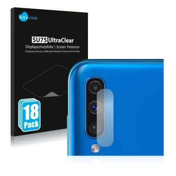 Vorderseite einer Produktverpackung mit dem Markenlogo Savvies. Daneben ist das Gerät Samsung Galaxy A50 (NUR Kameraschutz) mi