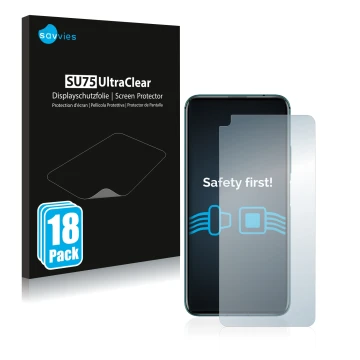 Vorderseite einer Produktverpackung mit dem Markenlogo Savvies. Daneben ist das Gerät Honor 20 mit dem zugehörigen Displayschu