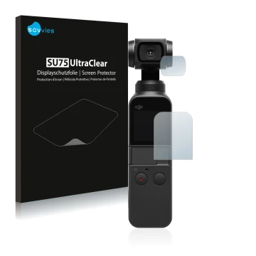 Vorderseite einer Produktverpackung mit dem Markenlogo Savvies. Daneben ist das Gerät DJI Osmo Pocket (Display + Linse) mit de