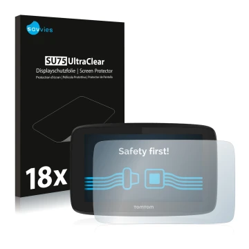 Vorderseite einer Produktverpackung mit dem Markenlogo Savvies. Daneben ist das Gerät TomTom GO Essential (5