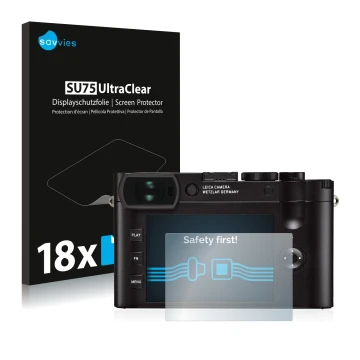 Vorderseite einer Produktverpackung mit dem Markenlogo Savvies. Daneben ist das Gerät Leica Q2 mit dem zugehörigen Displayschu