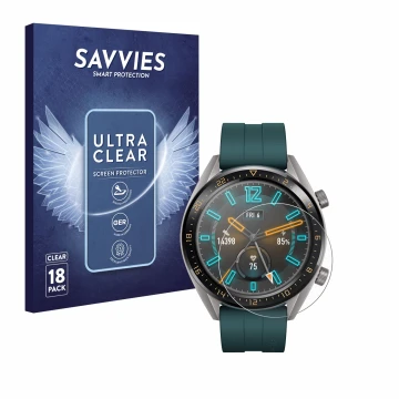 Vorderseite einer Produktverpackung mit dem Markenlogo Savvies. Daneben ist das Gerät Huawei Watch GT Active mit dem zugehörig