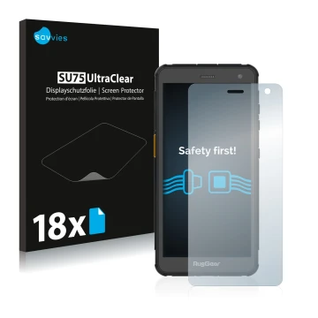 Vorderseite einer Produktverpackung mit dem Markenlogo Savvies. Daneben ist das Gerät RugGear RG655 mit dem zugehörigen Displa