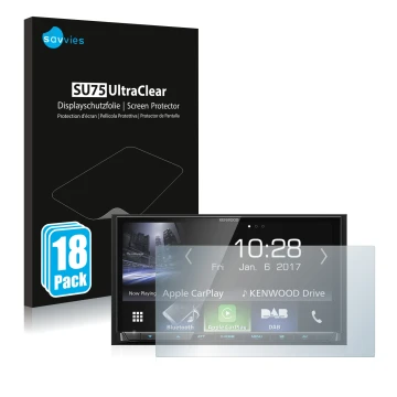 Vorderseite einer Produktverpackung mit dem Markenlogo Savvies. Daneben ist das Gerät Kenwood DMX7017DABS mit dem zugehörigen 