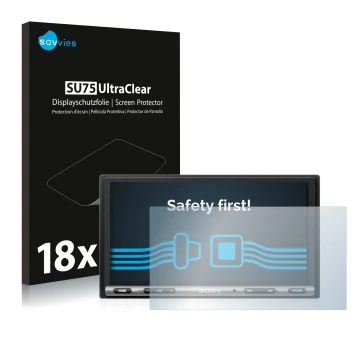 Vorderseite einer Produktverpackung mit dem Markenlogo Savvies. Daneben ist das Gerät Sony XAV-AX3005DB mit dem zugehörigen Di